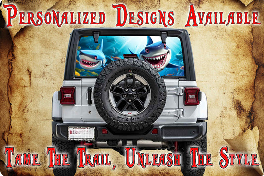 Cartoon sharks Rear window see through graphic.