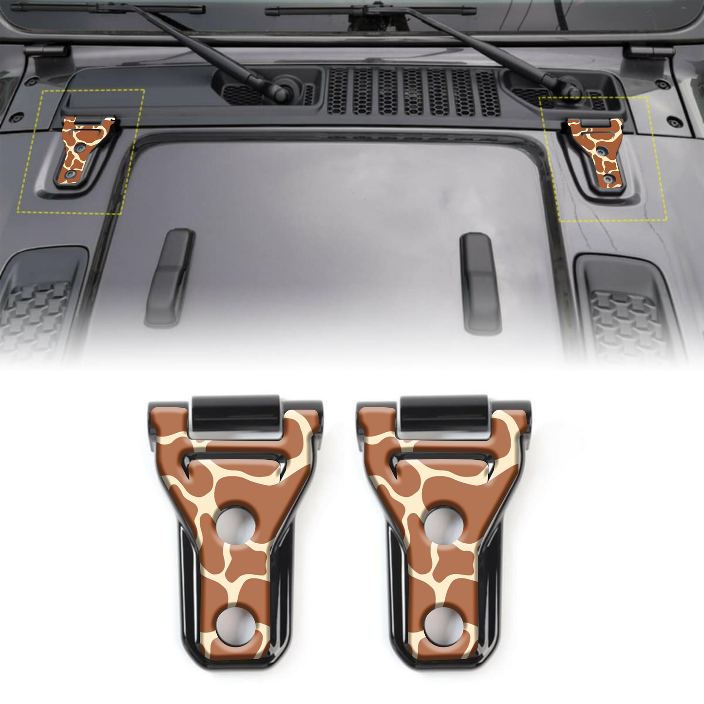 Brown cow print hood hinge overlay decals 34