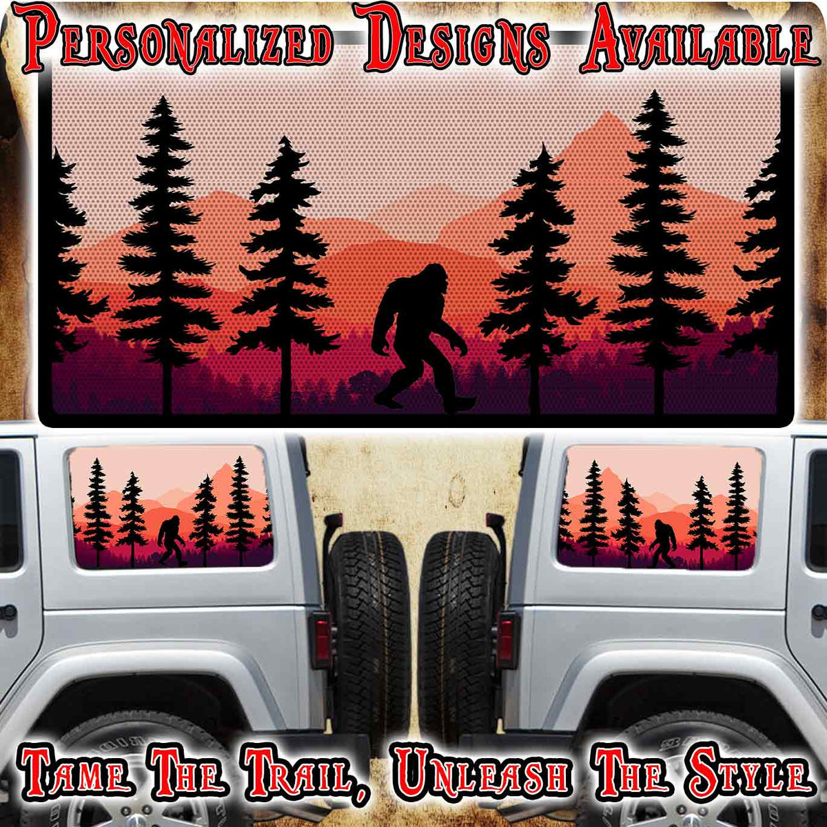 Bigfoot cabin Rear quarter window see through graphic.