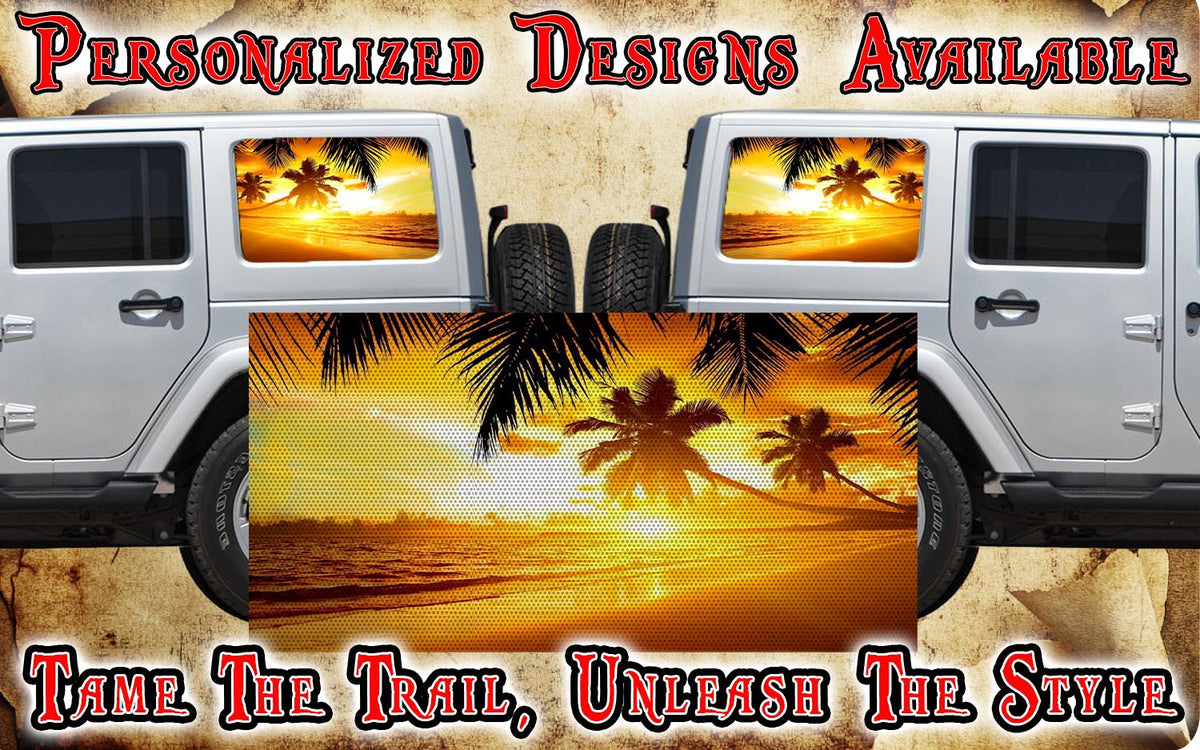Sunny palms Rear quarter window see through graphic.