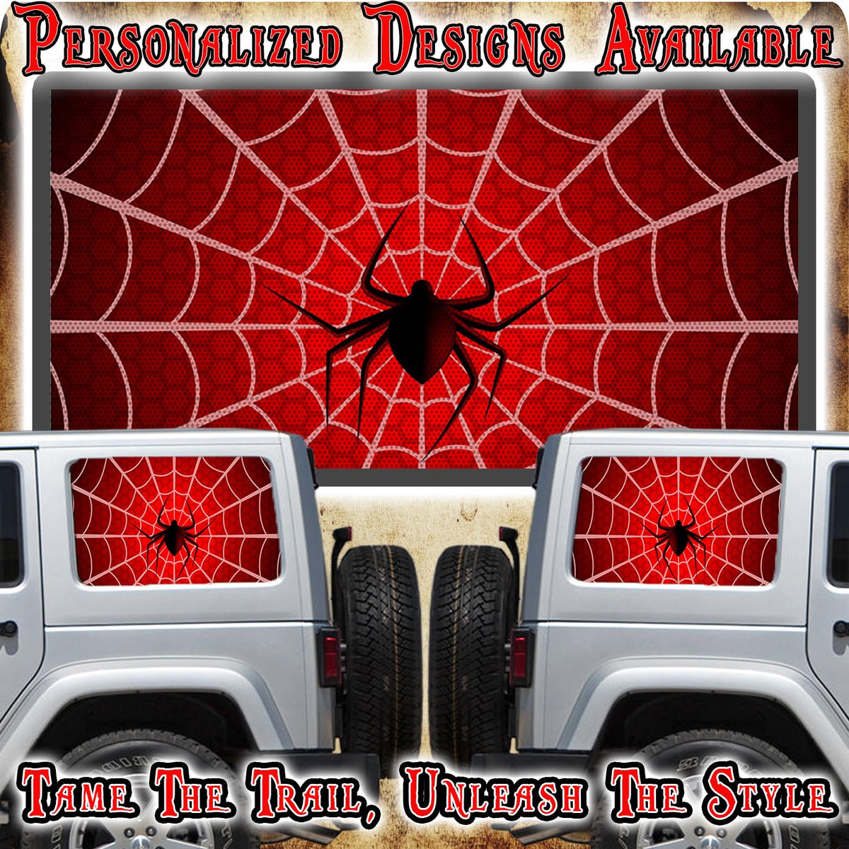Spider web print Rear quarter window see through graphic.