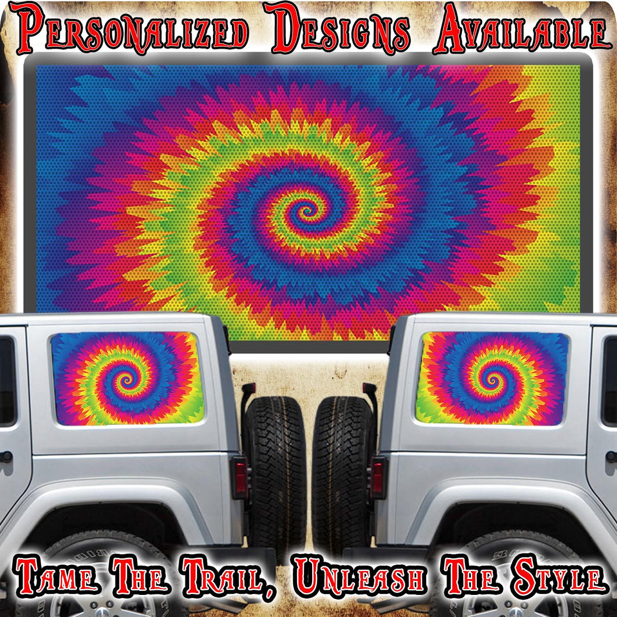 Tie dye print Rear quarter window see through graphic.