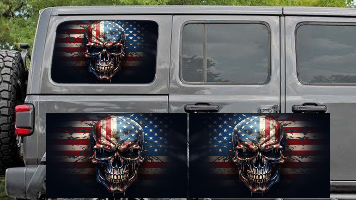 Rear quarter window see through graphic. Skull with flag