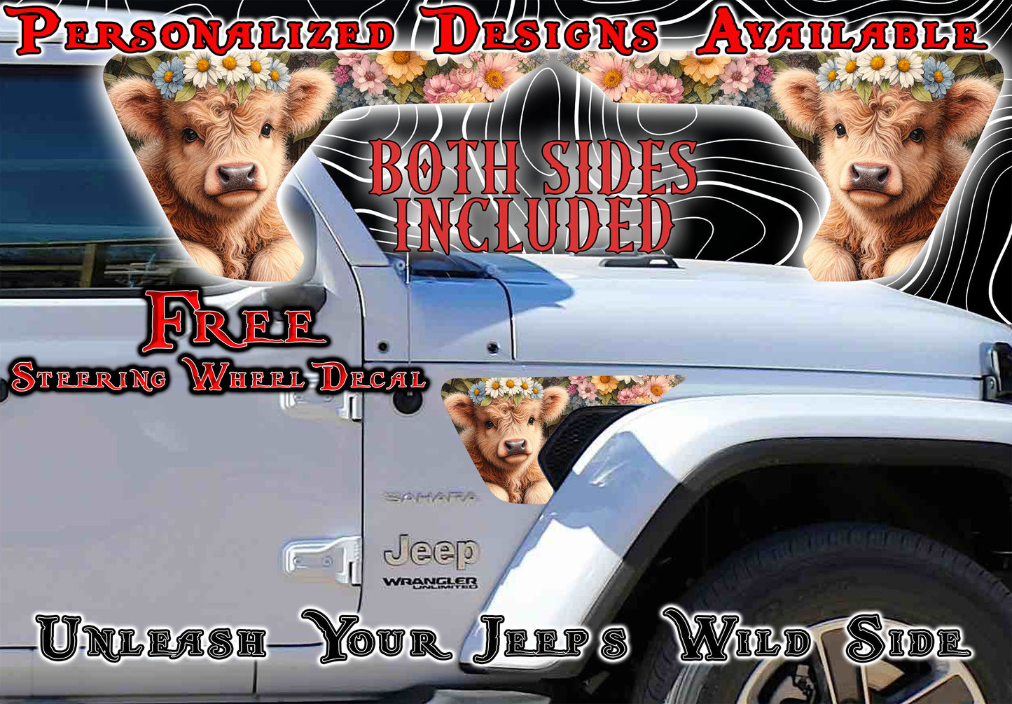 Highland cow fender vent decal for the JL or JT 2018 or newer