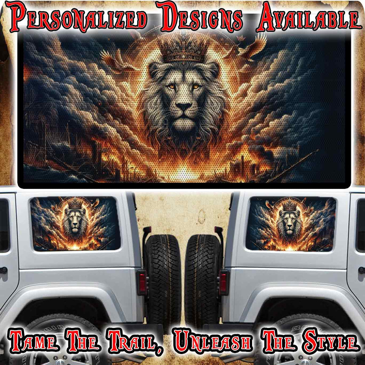 Lions head with crown Rear quarter window see through graphic.
