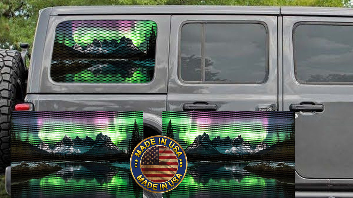 Northern Lights and mountain Rear quarter window see through graphic