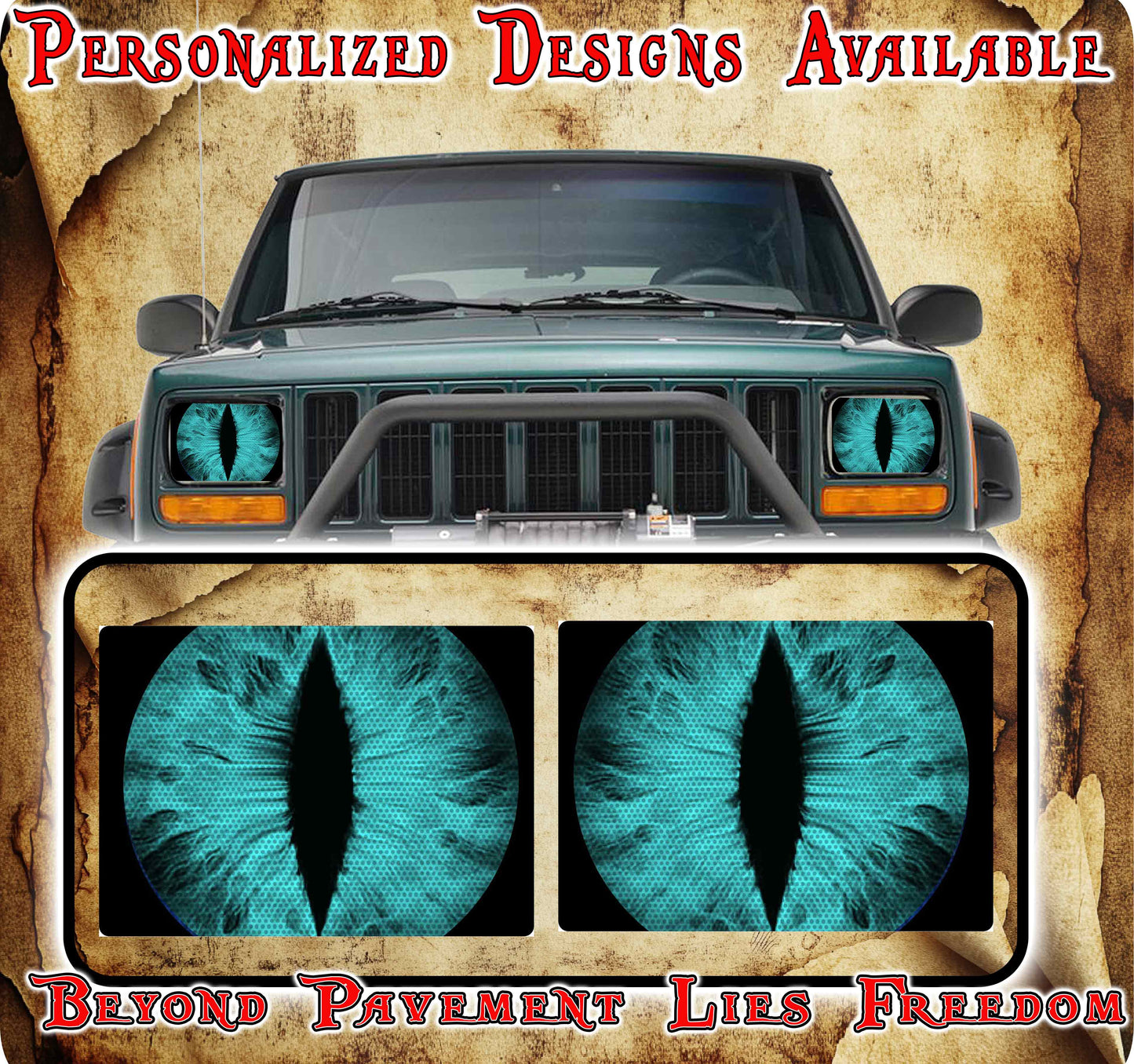 Teal Eye decals for YJ or 5x7 headlights