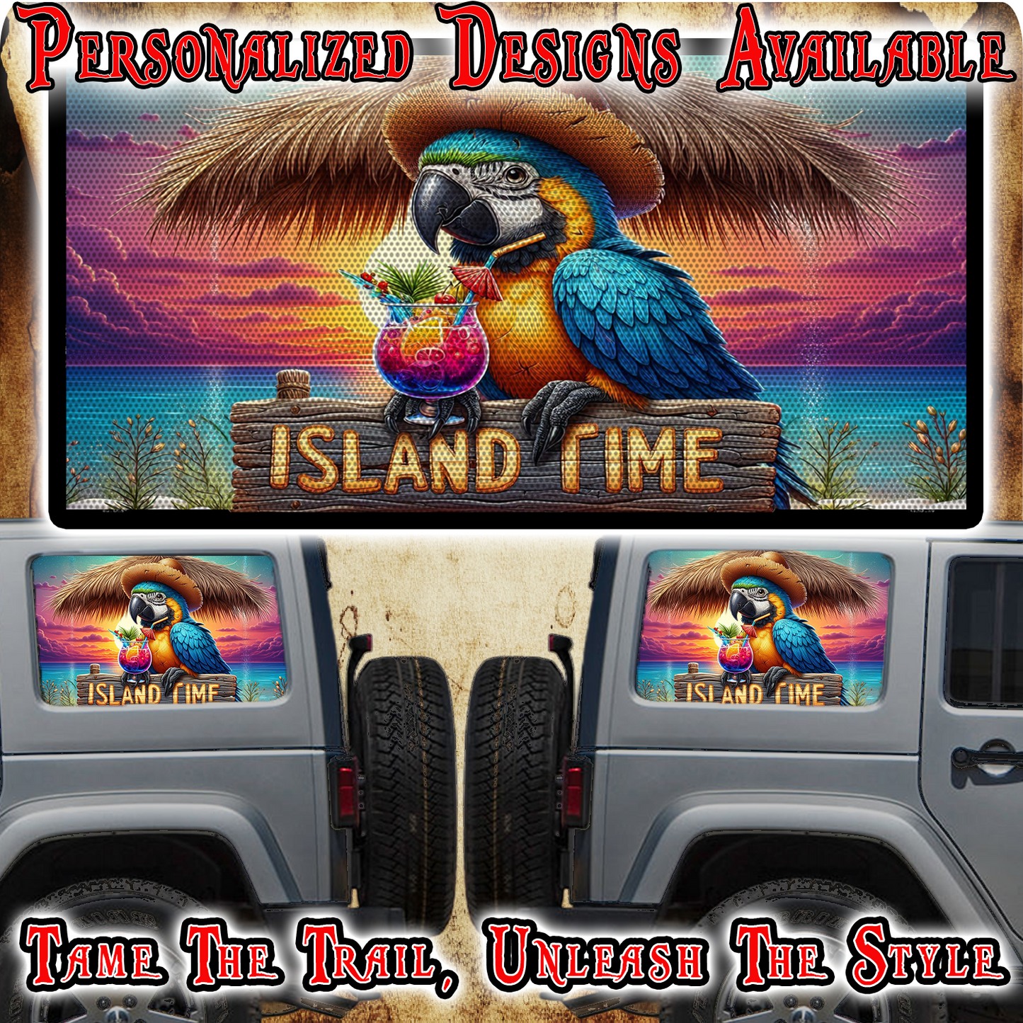 Island time parrot Rear quarter window see through graphic