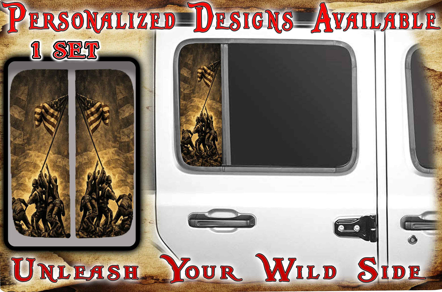 Side door window decal Raising the flag 108