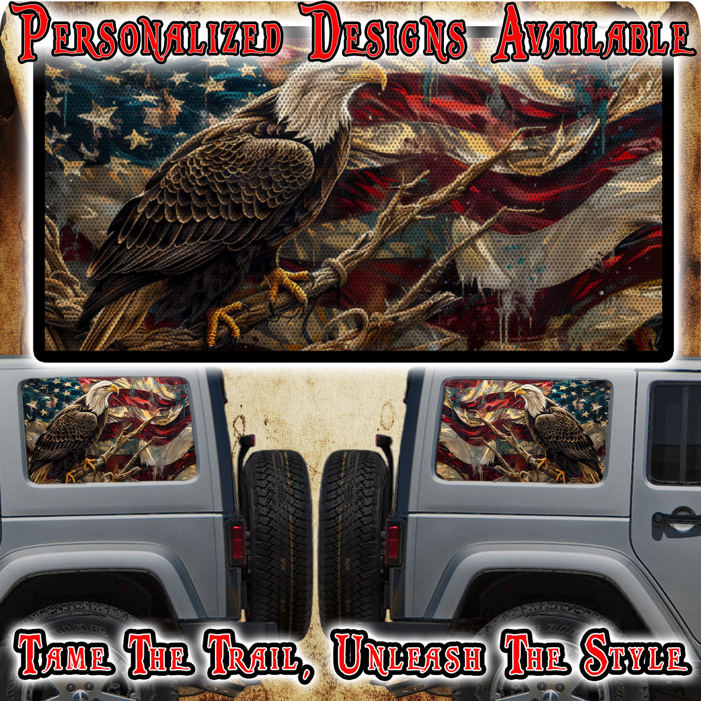American flag and Eagle Rear quarter window see through graphic.
