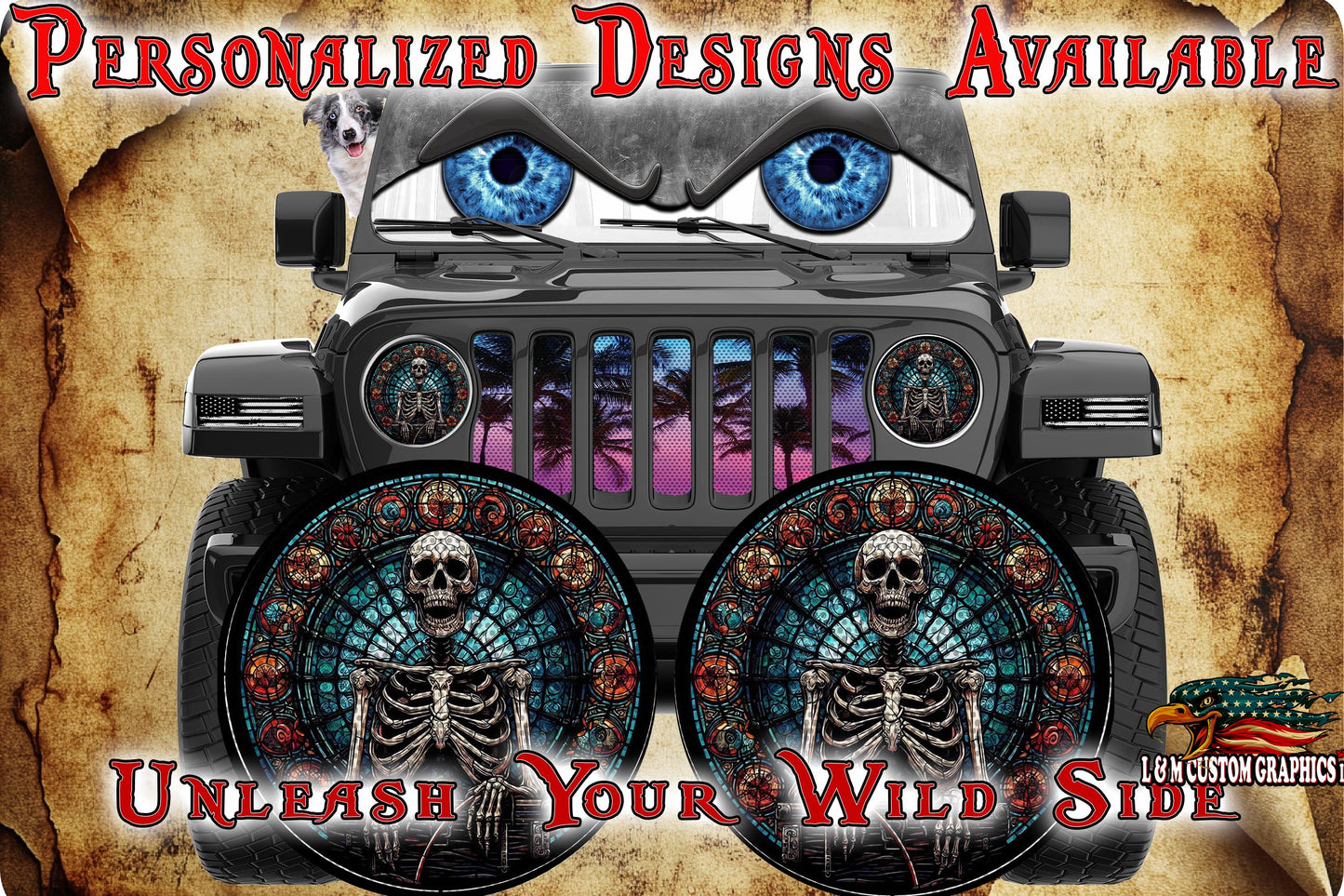 Skeleton jeep wave-stained glass round headlight decals 15