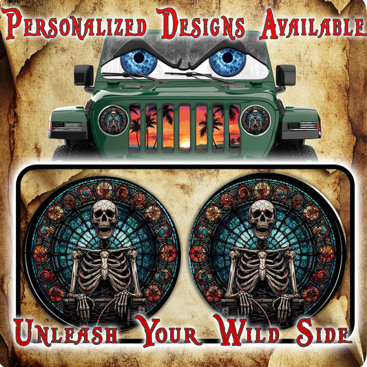 Skeleton jeep wave-stained glass round headlight decals 15