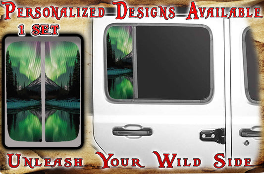 Side door window Northern lights mountain lake 171