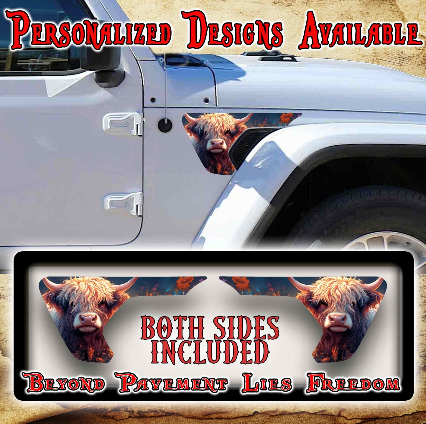 Highland cow fender vent decal for the JL or JT 2018 or newer
