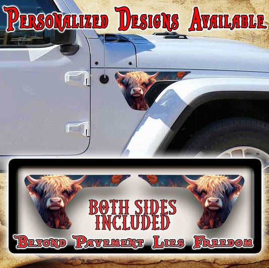 Highland cow fender vent decal for the JL or JT 2018 or newer