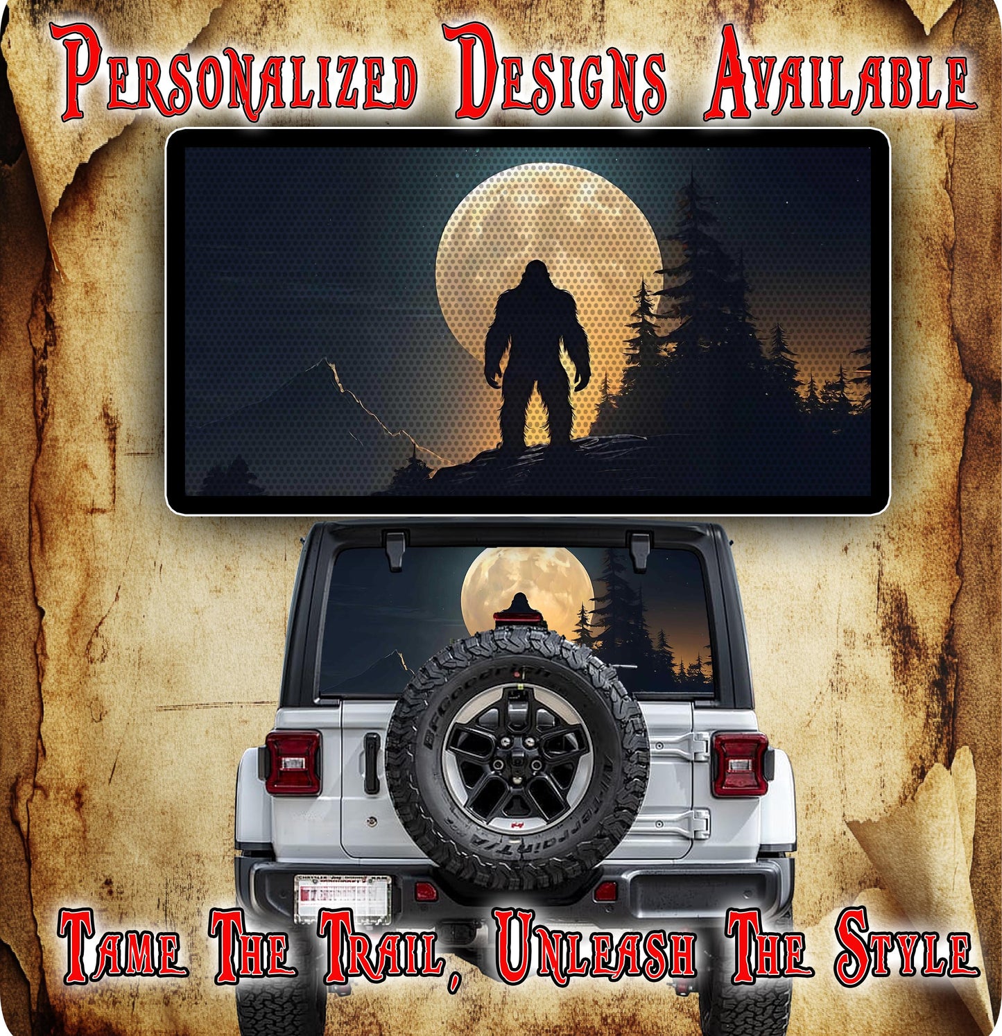 Bigfoot moon rear window see through graphic.