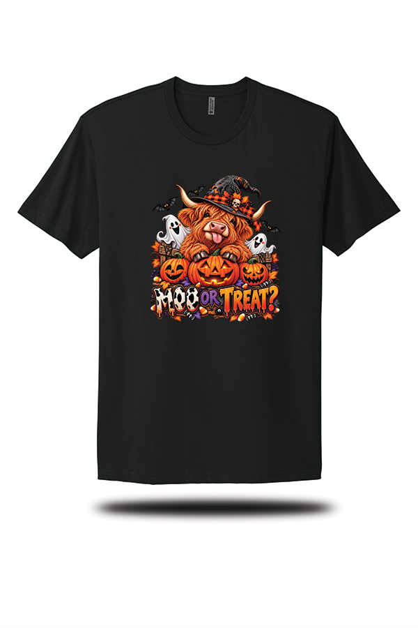 Moo or Treat? Highland Cow Halloween Graphic T-Shirt