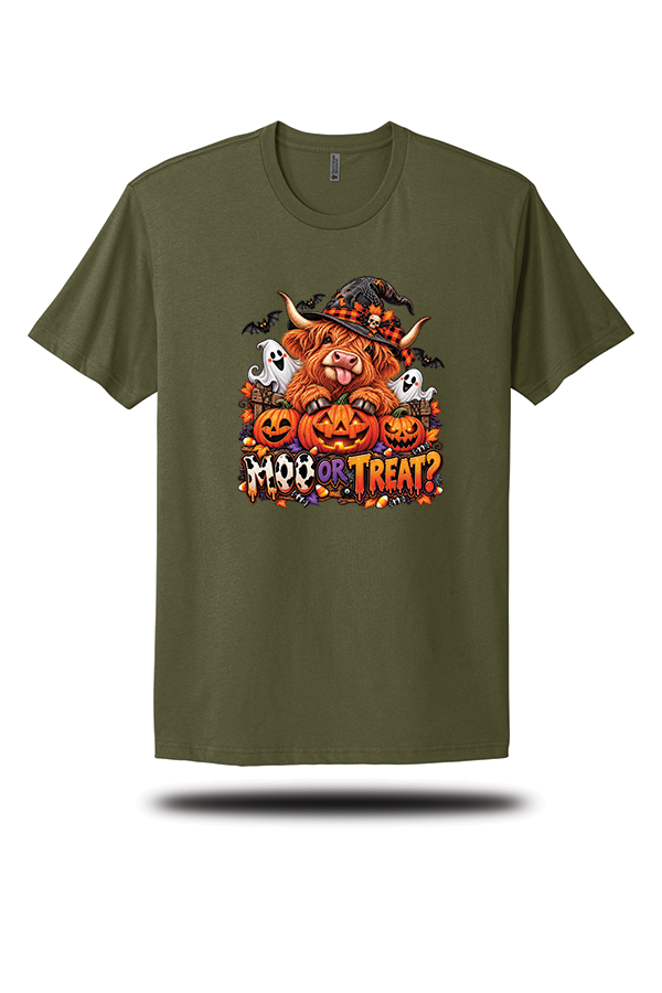Moo or Treat? Highland Cow Halloween Graphic T-Shirt