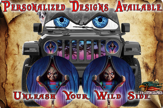 Chucky opens the curtain for a round beast headlight decal