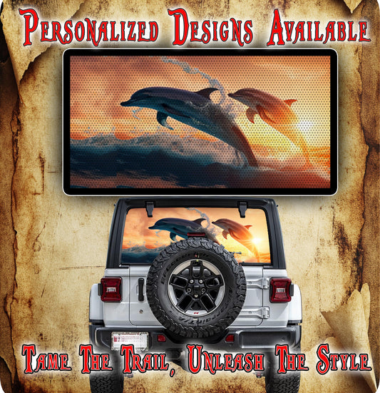 Jumping dolphins rear window see through graphic.