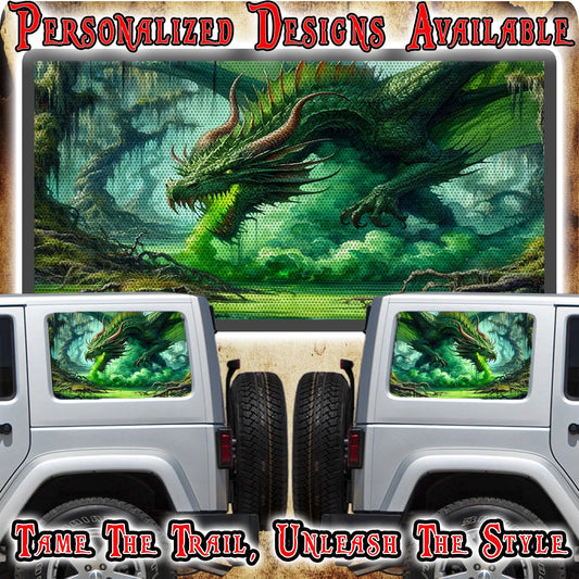 Green dragon patch Rear quarter window see through graphic.
