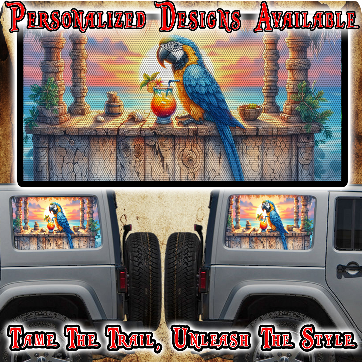 Tiki bar parrot Rear quarter window see through graphic