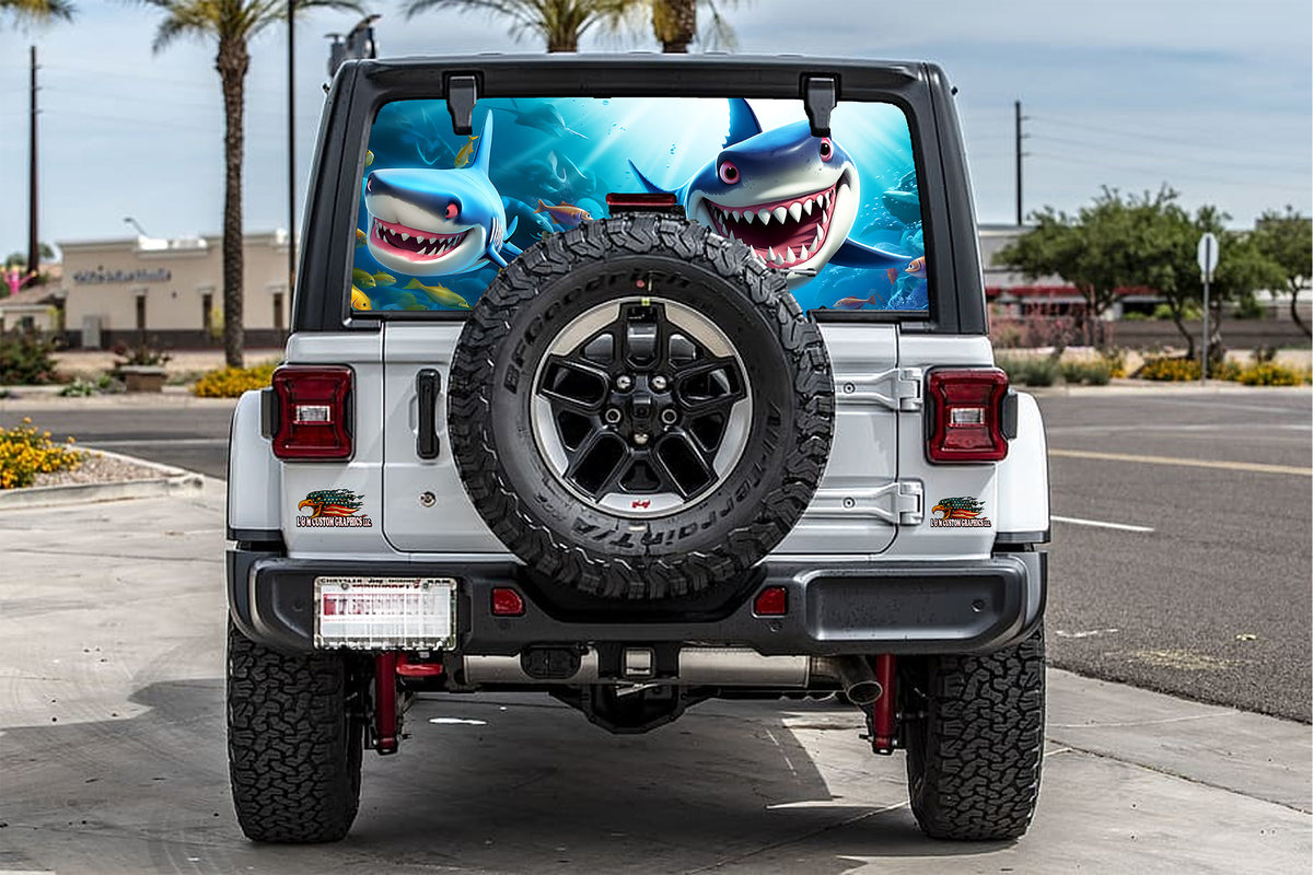 Cartoon Rear Window Graphics Cartoon sharks Rear window see through graphic. – L & M custom graphics LLC
