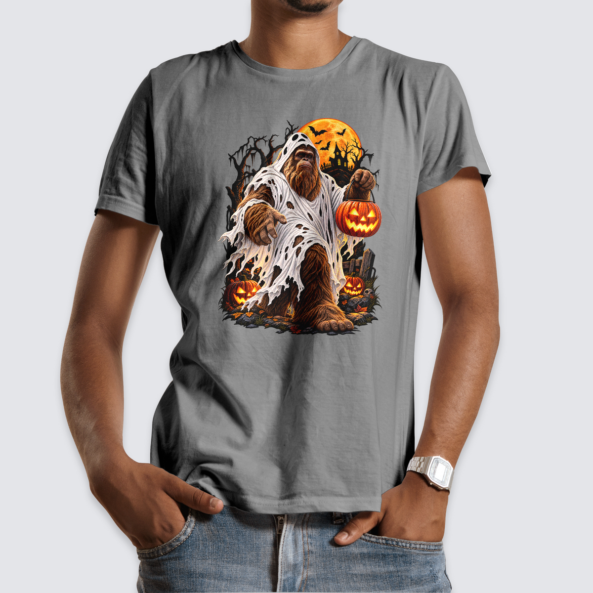 Ghost Bigfoot Halloween design on a gray T-shirt