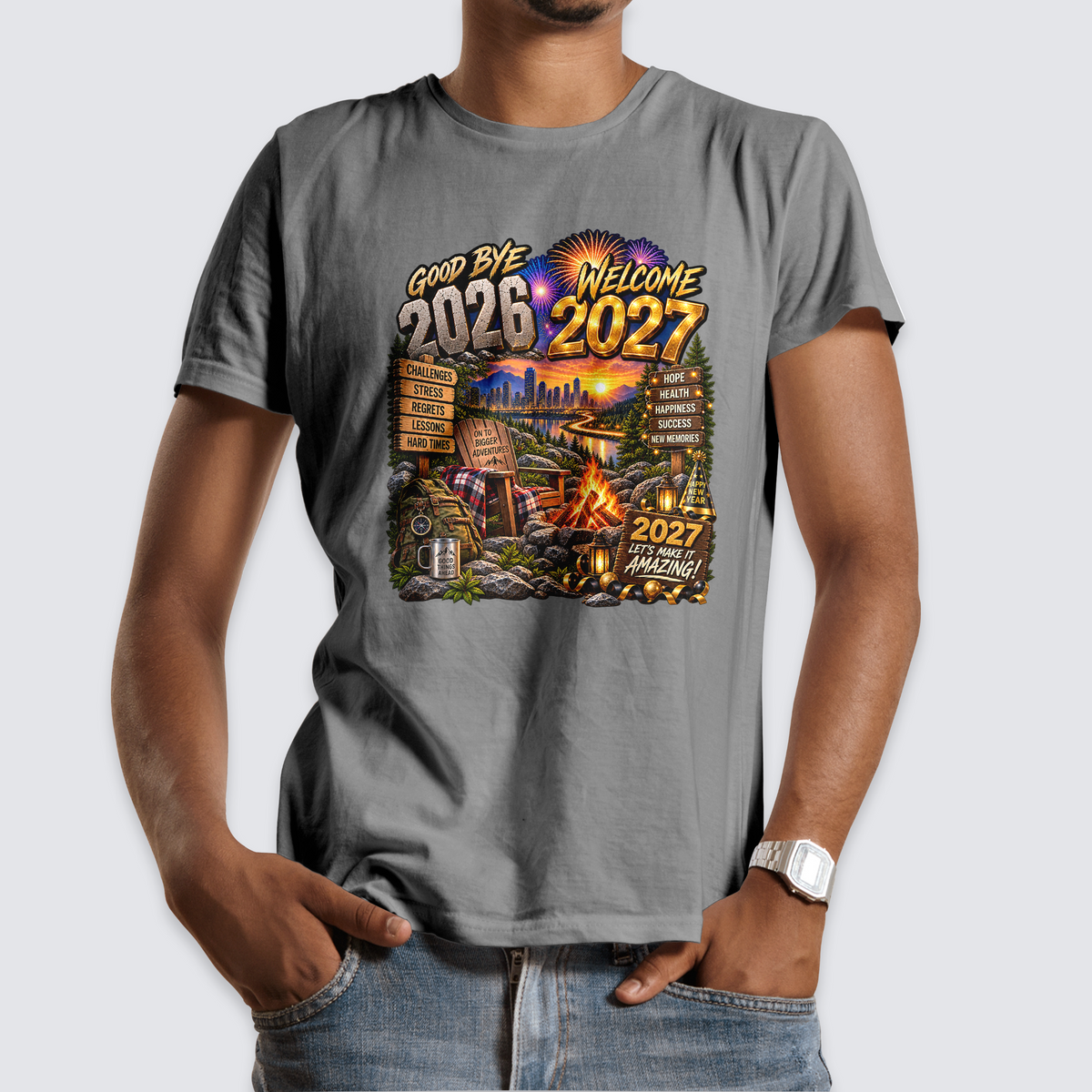 Goodbye 2026 Welcome 2027 New Year Adventure design on a gray T-shirt