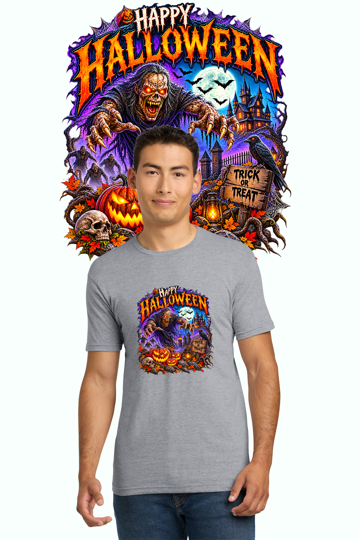 Happy Halloween horror trick or treat shirt in gray