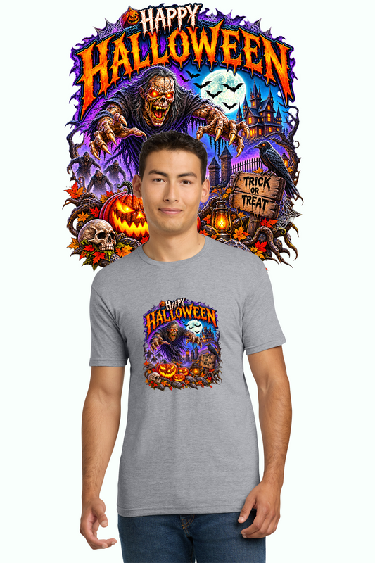 Happy Halloween horror trick or treat shirt in gray