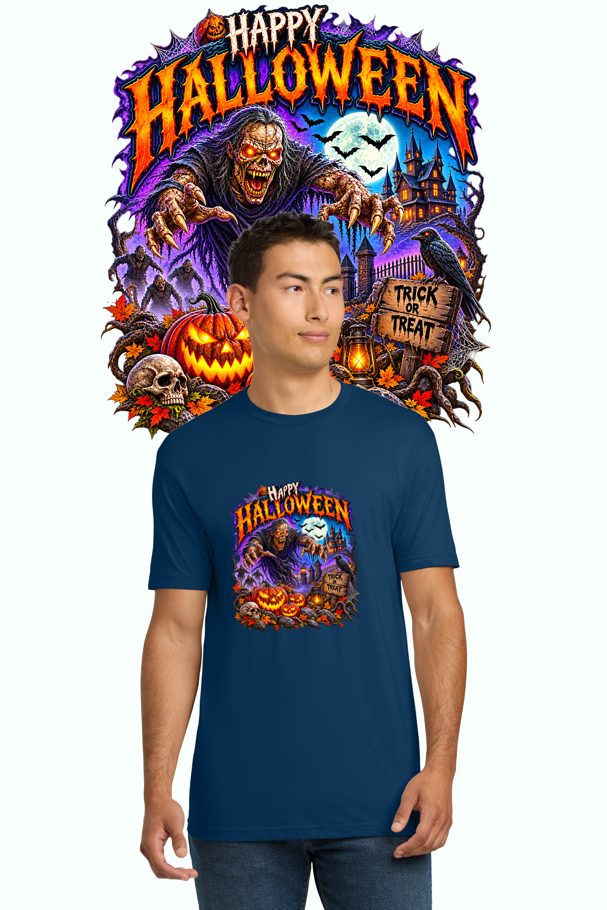 Happy Halloween horror trick or treat shirt in navy blue