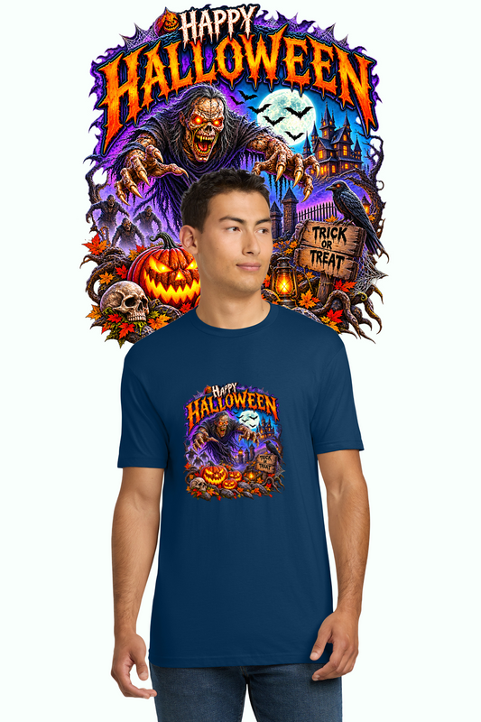 Happy Halloween horror trick or treat shirt in navy blue