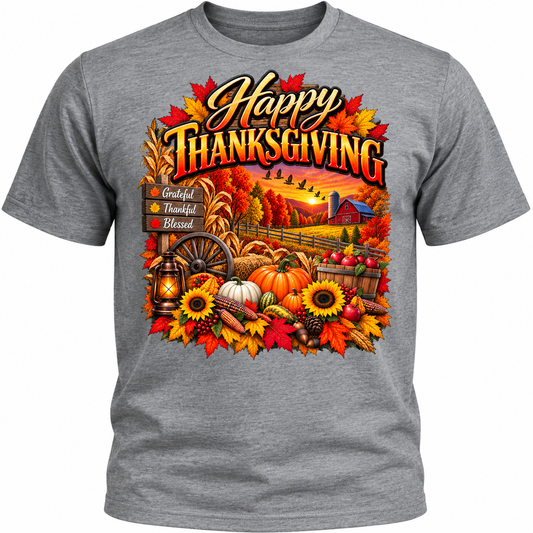 Happy Thanksgiving harvest design on gray T-shirt