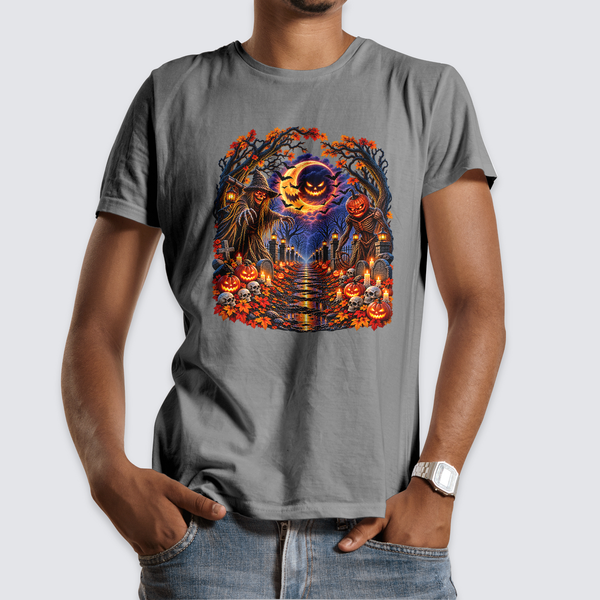 Haunted Harvest Halloween graveyard and scarecrow design on a gray T-shirt