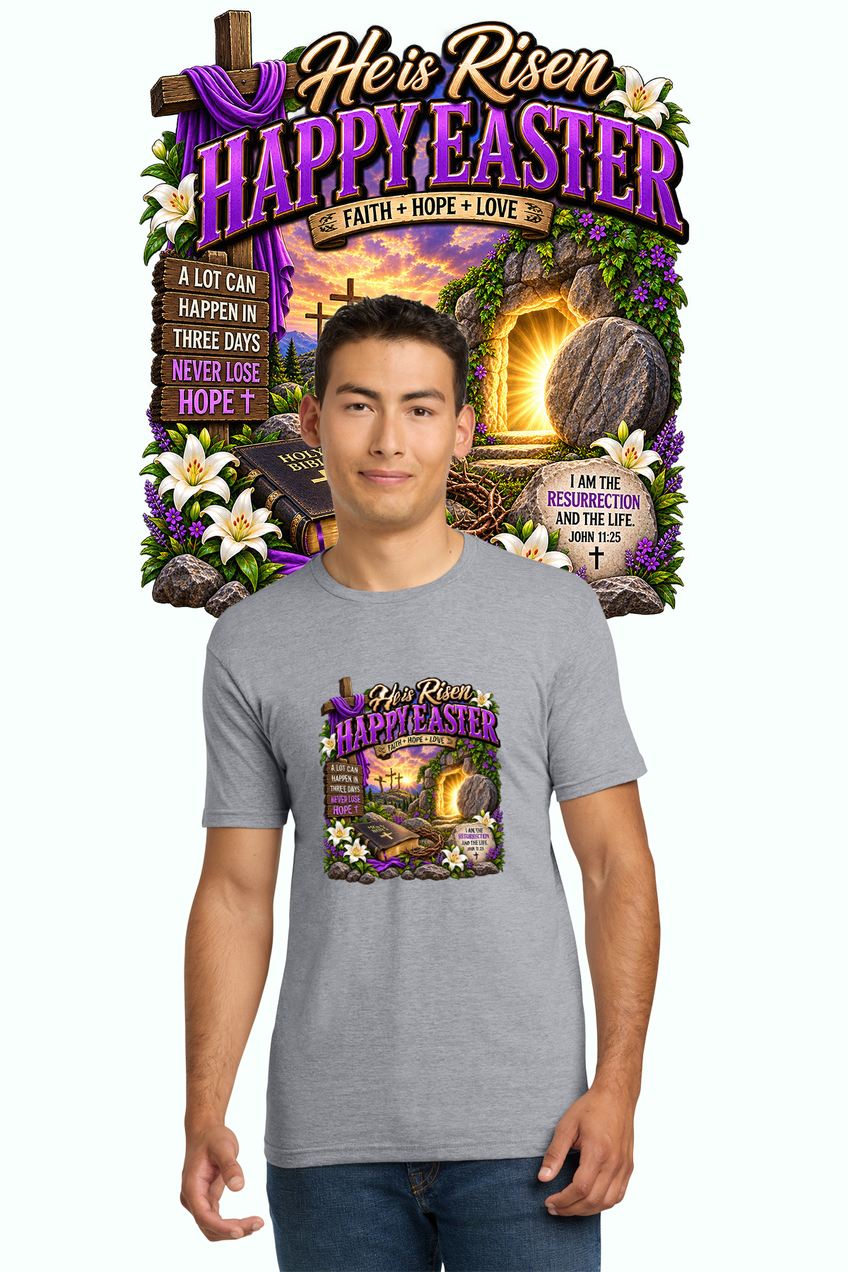 He Is Risen Happy Easter Christian shirt in gray