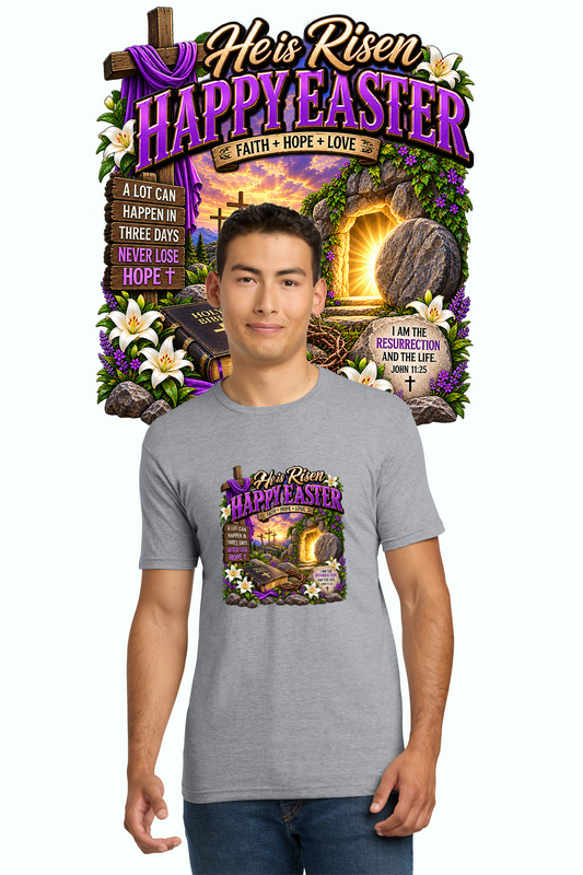 He Is Risen Happy Easter Christian shirt in gray