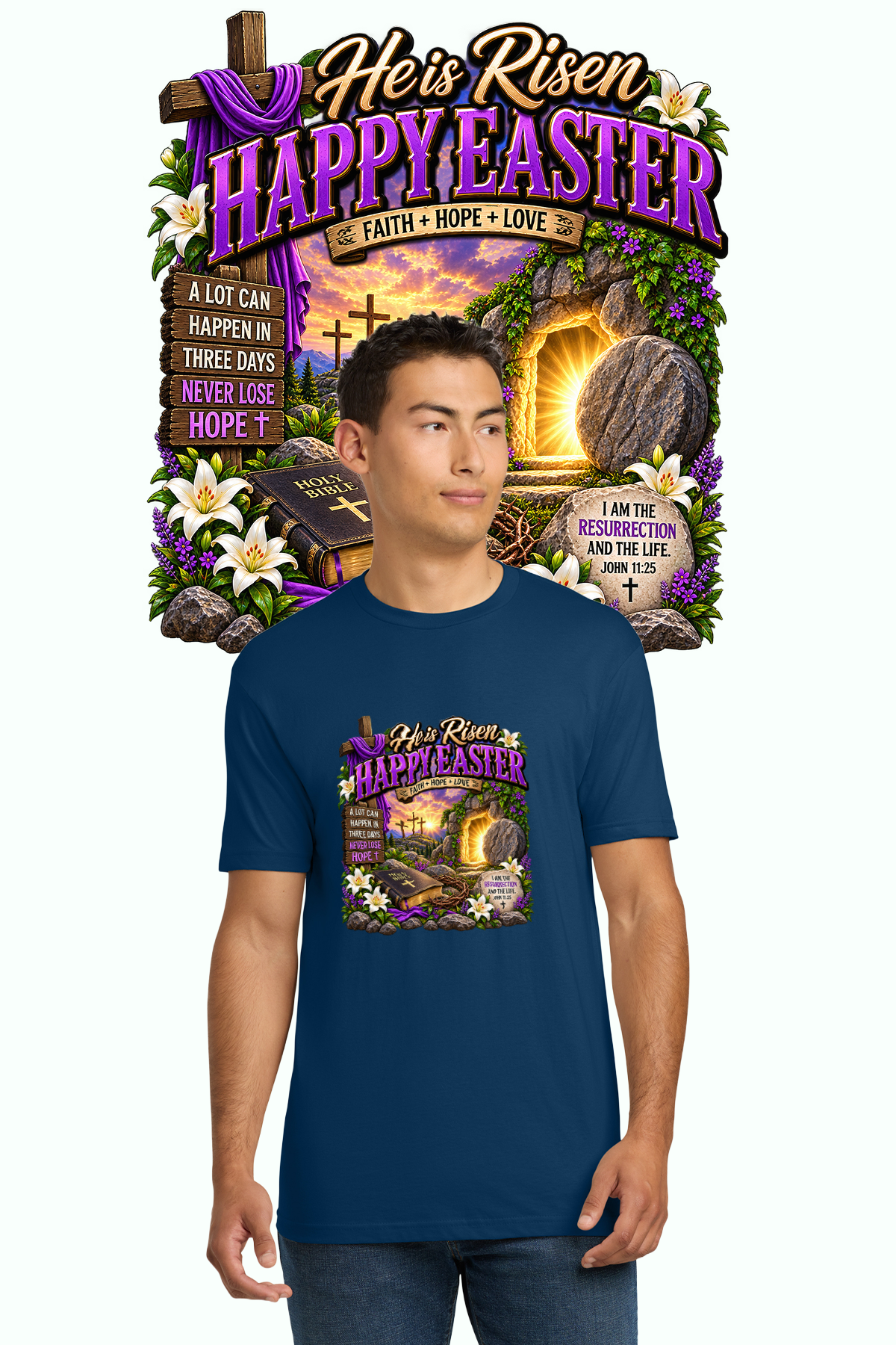 He Is Risen Happy Easter Christian shirt in navy blue