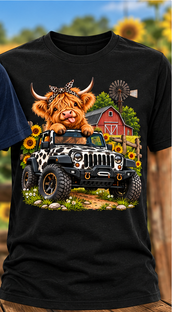 Black Highland Cow Jeep graphic T-shirt mockup