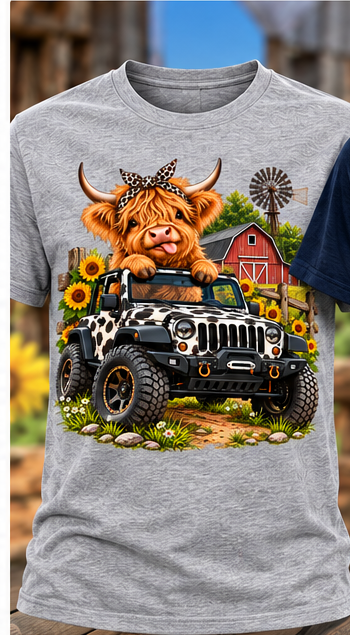 Heather Grey Highland Cow Jeep graphic T-shirt mockup