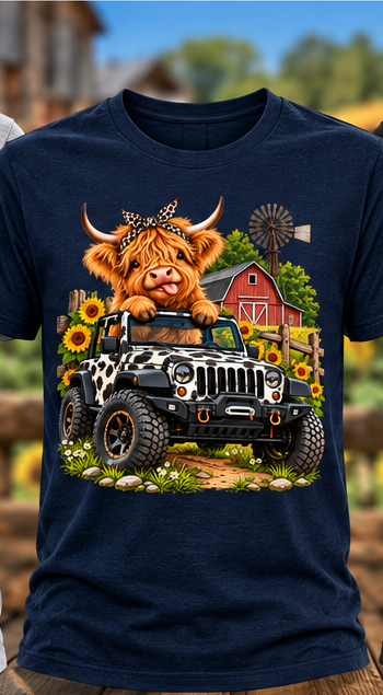 Navy Blue Highland Cow Jeep graphic T-shirt mockup