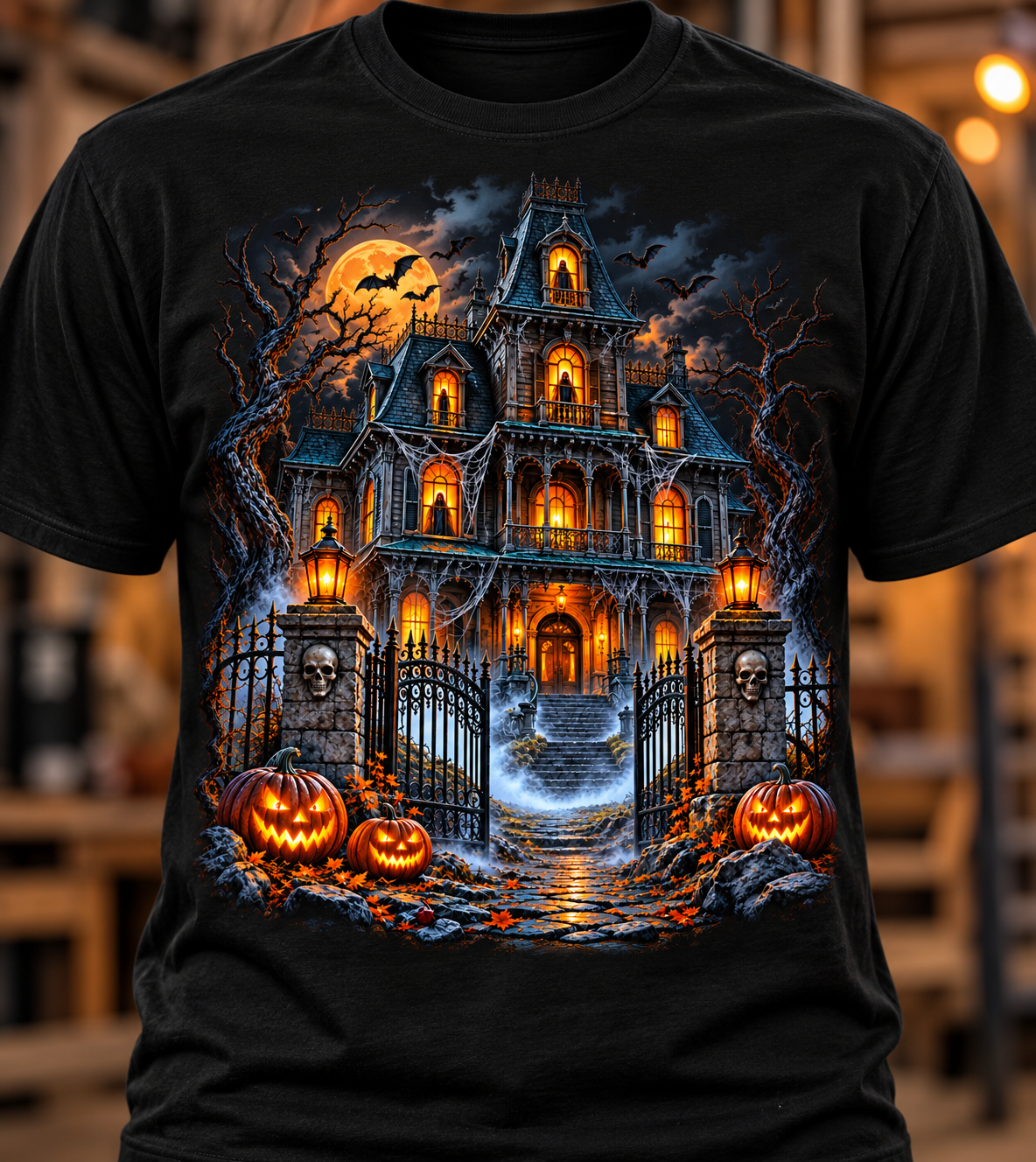 Victorian Haunted Mansion Halloween T-Shirt in black