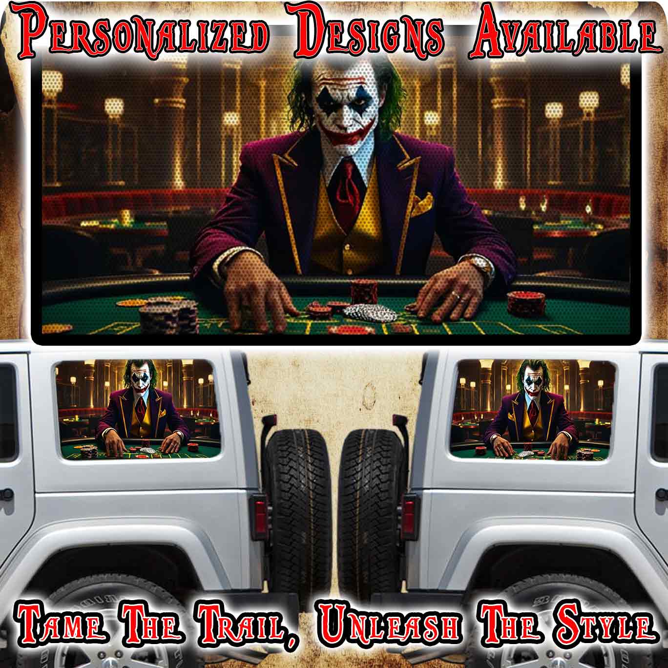 joker web print Rear quarter window see through graphic.