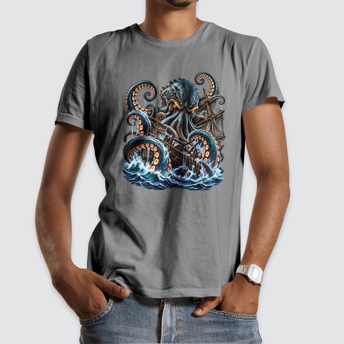 Kraken and pirate ship graphic on a gray T-shirt