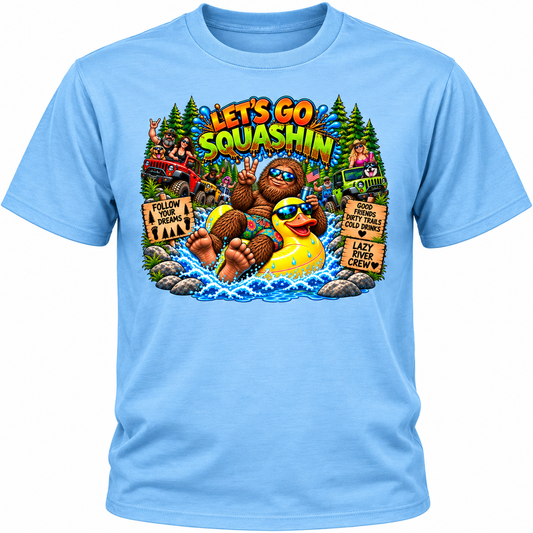 Let's Go Squashin Bigfoot lazy river light blue T-shirt