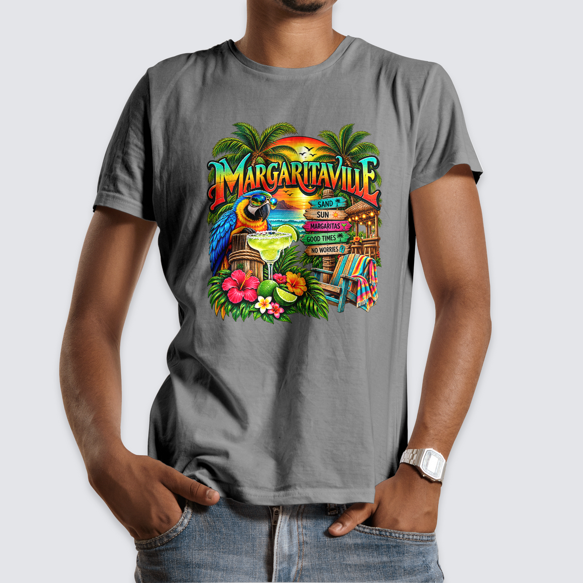 Margaritaville tropical parrot and margarita design on a gray T-shirt