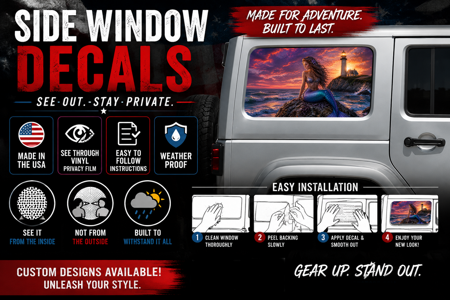 Mermaid lighthouse Rear quarter window see through graphic. 215