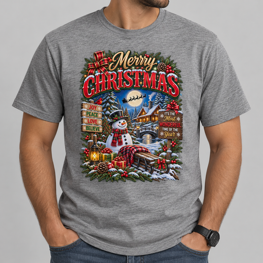 Merry Christmas holiday design printed on a gray T-shirt