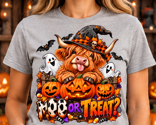 Moo or Treat Halloween Highland Cow T-shirt in Heather Grey