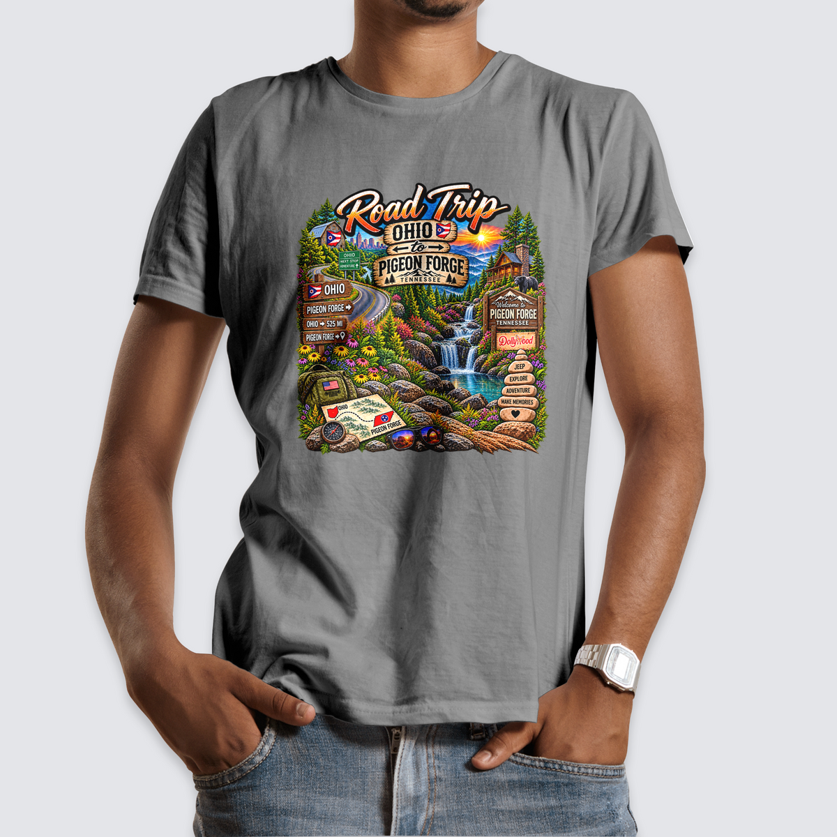 Ohio to Pigeon Forge Road Trip mountain and waterfall design on a gray T-shirt